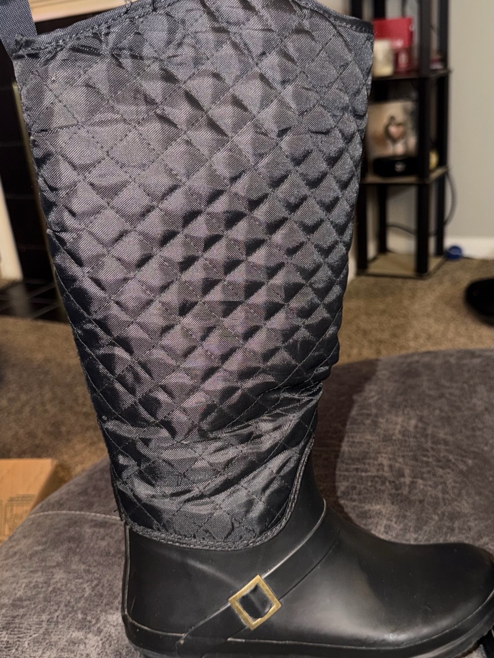 Capelli Quilted Black Tall Rain Boots with Gold Buckle Accent